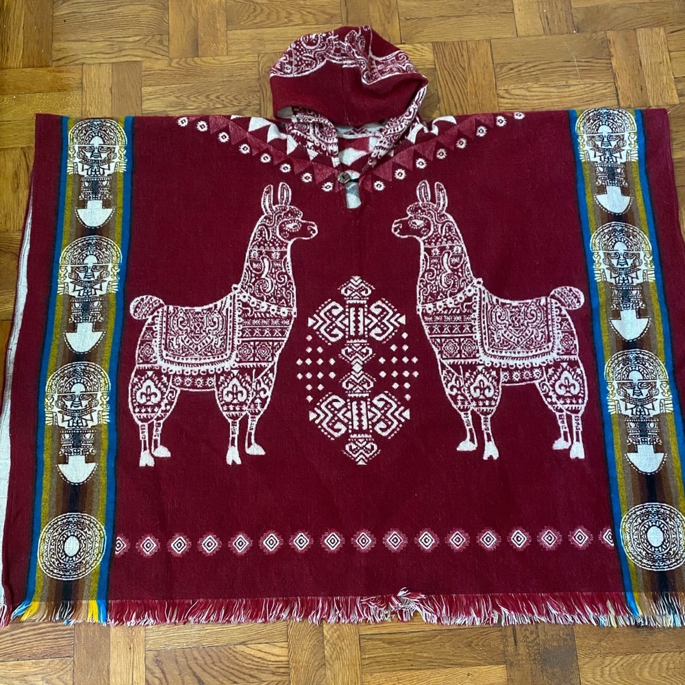 Unisex Peru MachuPicchu Alpaca Poncho burgundy red Handcrafted Soft warm hoodie